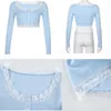 Rapcopter Spitze Patchwork Crop Top Frauen T Shirts Gestrickte Dünne T Tops Taste Strickjacke Blau T-shirt Niedlich Herbst Langarm tops Y0629