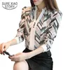 Slim Chiffong Women Blouse Shirt V-neck Långärmad Toppar Striped Printed Ol's Kläder Blusas D211 30 210521
