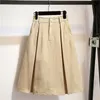 Solid Midi Skirt Women Spring Summer Knee Length High Waist School Red Blue Black White A-line Female 210421