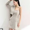 Ladies Two Piece Set Spring Autumn Sleeveless Solid Spaghetti Straps Dress + Short Coat Women Office Business Outfit Suits 210514