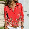 Mulheres profundas camisas de pescoço em v too tops mulher elegante impressa camisa feminina caindo retro floral manga comprida top bluses 210515