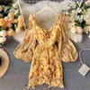 Femmes robe courte printemps automne manches bouffantes Vintage imprimé fleuri Boho es dames élégant volants en mousseline de soie Vestido 210525