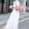 sommar mode casual kvinnor o neck vit kortärmad jacquard broderad bomull klänning 210531