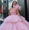 우아한 핑크 플러스 사이즈 공 가운 Quinceanera 드레스 하나 어깨 층 얇은 얇은 컵 케 잌은 공식적인 연예인 미인 드레스 달콤한 16 파티 가운 roves