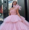 Zarif Pembe Artı Boyutu Balo Quinceanera Elbiseler Bir Omuz Katmanlı Tül Cupcake Örgün Ünlü Pageant Elbise Tatlı 16 Parti Abiye Elbiseler