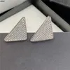 Triangle Pattern Ear Stud Letter Printed Charm Chic Design Silver Plated Earring Shiny Diamond Inlay Stud