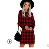 Casual Dresses Women Winter Plaid Dress High Waist Round Neck Bodycon Pencil Long Sleeve Mini Office Elegant