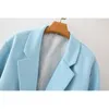 Eleganta kvinnor Sky Blue Blazer Office Ladies Pocket Jackor Casual Kvinna Full Sleeve Passar Flickor Chic Sets 210430