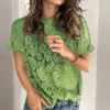 Women Summer Solid Color Lace T-Shirts Fashion Hollow Out See Through O-Neck Ruffles Short Sleeve Slim Pullover Tops Female 210526