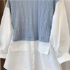 Kadın Kazak Vintage Bükülmüş Örme Patchwork Bluzlar Nedensel Kadınlar Sahte İki Adet Gömlek 2022 Kore Moda Auutmn Uzun Kollu Üst