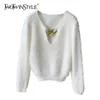 Patchwork Sequin Sweater for Women V Neck Långärmad Mohair Slim Short Topps Kvinnlig Mode Kläder 210524