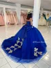 Royal Blue 2022 Quinceaneraドレス肩からビーズをかけられた肩の王女のボールガウンウエディングパーティーを着て甘い16のドレスvestidosのマスカレードドレス