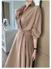 Lente elegante kantoor vrouwen chiffon jurk effen kleur vintage lange mouwen dames maxi a-lijn feme robe 210514