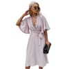 Vintage boho solid klänning med bälte kvinnor sommar sexig v nacke midi lång klänning kvinnlig spets strand klänning vestido kvinnor kläder 210514