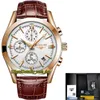 Lige evighet LG9839 Sport Mens Klockor Datum Black Dial Japan VK Quartz Chronograph Movement Men Watch Alloy Rose Gold Case Brown Leather Strap