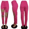S-4XL Amarillo Red Casual Skinny Ripped Jeans para Mujeres Otoño Cintura Alta Tamaño Denim Pant Streetwear Elastic Hollow Pantalón 210922