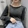 Hilo brillante estilo coreano casual manga larga o-cuello blusa mujeres suelta jersey otoño camisas blusas mujer de moda 11564 210508