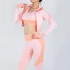 Womens tracksuits 요가 3 피스 슈트 높은 허리 실행 반바지 색상 일치 강력한 스트레치 나일론 긴 바지 브래지어 세트 레이디 피트니스 원활한 힙합 리프팅 레깅스