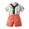 2020 Baby Boys Gentleman Clothes Sets 3PCS Bow Tie Short Sleeve Cartoon Print Single Breasted Tops Shorts Trousers Outfits X0802