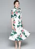 Summer Designer Fashion dress Women's Short Sleeve Casual Print Rose Flower White Bow tie Elegant Midi Dress Vestidos 210519