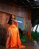 Aso Ebi Orange Beaded Crystals Evening Dresses with ribbon High Split Arabic 2021 african plus size one shoulder prom gown robe