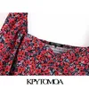 KPYTOMOA Kadın Moda Çiçek Baskı Kırpılmış Bluzlar Vintage V Yaka Uzun Kollu Geri Elastik Kadın Gömlek Chic 220307 Tops