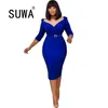 Autumn Sexy Women Office Dress Fashion V-neck Long Sleeved Collocation Belt Professional OL African Plus Size Wild 210525