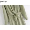 Yenkye Vintage Solid Color Long Maxi Dress Women Donne Front Knot Wasleve LASSE LAVEVE COLLAR A-LINE Inverno Casual Inverno TOBE 210515