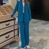 Spring Fashion Blue Blazer and Pants 2 Piece Set Women Office Business Wear Corduroy Suits with Pockets Plus Size for Lady 210527