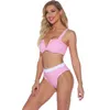 Sexy Push Up Bikini Two Piece Swimsuit Women Striped High Waist Set Plus Size Brazilian Swimwear Bathing Suit Pink 210520