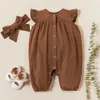 Baby / peuter Solid Floral Flutter-sleeve Bodysuit en Hoofdband Set 211011