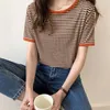 T Shirts Women Korean Summer New Vintage Patchwork Striped Soft Knit Simple Top Slim Thin Casual Short Sleeve O Neck Tee Shirt X0628