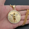 Roestvrij staal religieuze hiphop inlay hanger Iced Out Angel Wings Pendant for Women Men Gold Color Round Necklace with Stones4130981
