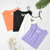 Sommer Frauen Stricken Gestickte Schmetterling Tank Crop Tops Mädchen Gestrickte Leibchen Ärmellose T-shirts Spaghetti Strap Camis Weibliche 210601