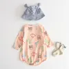 Baby Girl Jumpsuit Autumn Korean Version Printed Long-sleeved Romper + Hat Set Toddler Bag Fart 210515