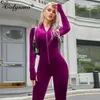 Colysmo Velor Długim Rękawem Kombinezon Ruched Zipper Sexy Slim Fit Casual Purple Playsuit Ciepłe strój Kobiety Spadek 210527