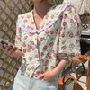 Elegant Wooden Ear Edge Splicing Peter Pan Collar Floral Double Breasted Loose Puff Sleeve Shirt Summer Vacation 16W947 210510