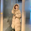 Зимняя теплая белая утка вниз куртка женщины длинный с капюшоном меховой воротник пальто женский 210520