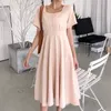 Koreanische Frauen Sommer Kleid Solide Hohe Taille Quadrat Kragen Kurzarm für Casual Lose Maxi es Vestido 14140 210508