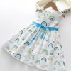Summer Sleeveless Girls Dress Children's Rainbow Print Bow Party Princess 3-8 Years Old Cute Girl Clothes 210515
