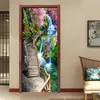 3D Stereo Waterfall Wallpaper Chinese Style Wooden Bridge Landscape PVC Door Wall Stickers Living Room Bedroom Home Door Poster 210317