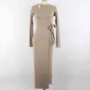 Womengaga Korea 2021 Höst Vinter Ny kropp Feminin Oregelbunden sida Bandage Slim Sexy Split Dress Maxi Lång Klänningar S8HD G1214