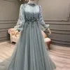 Modern Handmade Flower Muslim Evening Dresses Full Sleeve Ruched Tulle Skirt Arabic Dubai Formal Gown Floor Length Saudi Arabia Womens Wears 326 326