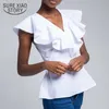 Letni styl Solidna bawełna V-Neck Bez Rękawów Lace-Up Bluzka Proste Slim Fit Kobiet Koszule Białe Topy Chemisier Femme 10301 210528
