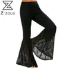 Pantalon femme noir taille haute pantalon évasé tout match vintage long pantalon en dentelle mode sexy 210524