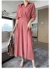 Primavera elegante escritório mulheres chiffon vestido cor sólida vintage manga comprida senhoras maxi a linha fema robe 210514