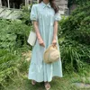 Korejpaa femmes robe été coréen Chic doux menthe vert revers simple boutonnage plissé couture lâche manches bouffantes robe 210526