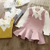 Herfst Meisjes Jurk Kinderkleding Boog Lange Mouwen Gepareerd Gestreepte Schattige Prinses Babymeisje 2-6Y 210515