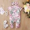 Sommar 2-Piece Baby Floral Print Short-Sleeve Jumpsuit och Headband Set 210528