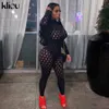 Kliou évider sexy voir à travers deux pièces ensemble femmes streetwear col roulé body + taille haute leggings skinny tenues actives Y0625